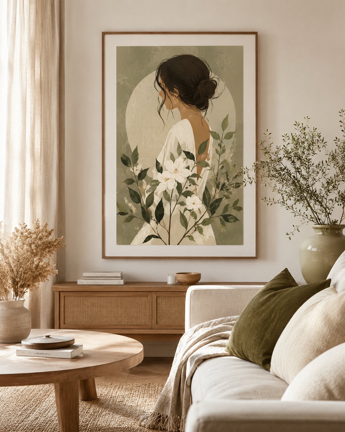 Sample artwork — woman with white flowers botanical illustration