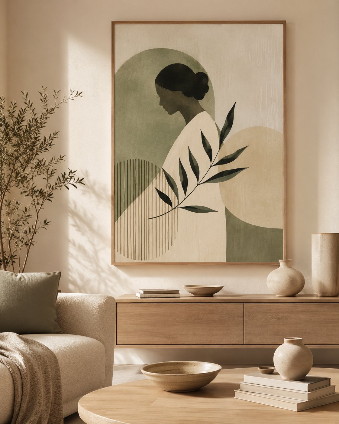 Sample artwork — woman with botanical flowers in sage tones