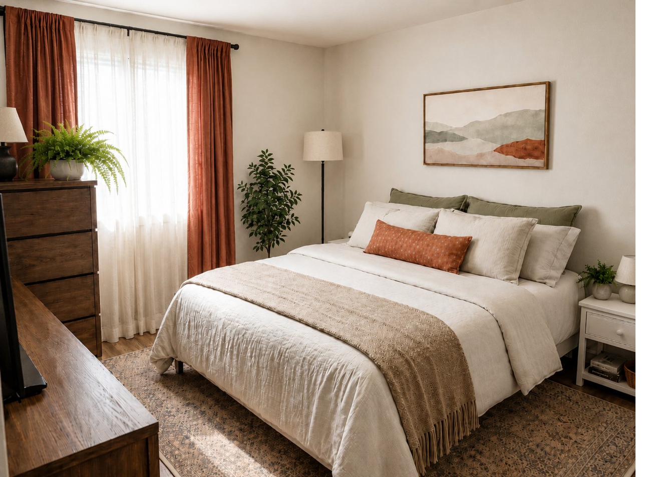 Calm Bedroom Refresh — warm restorative bedroom with layered textiles and soft light after concept