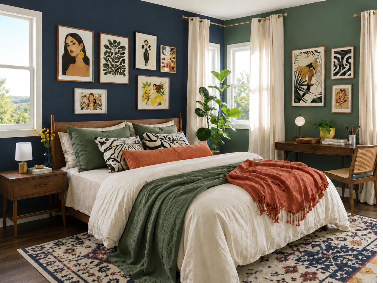 Creative Art-Led Bedroom — deep navy, bottle green, gallery wall and terracotta textiles after concept