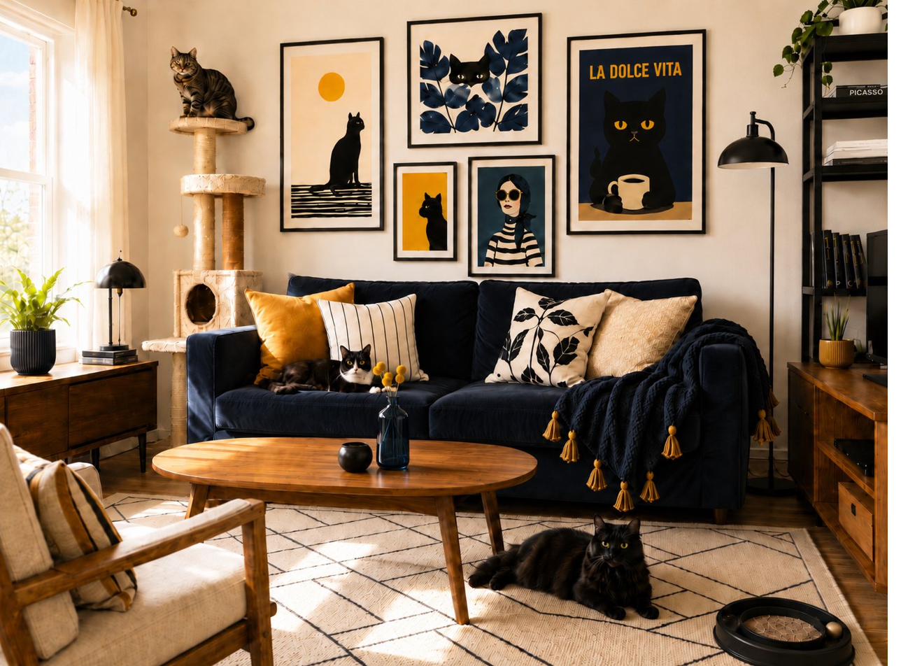 Graphic Cat-Lover Living Room — navy slipcover, mustard accents and graphic gallery wall after concept