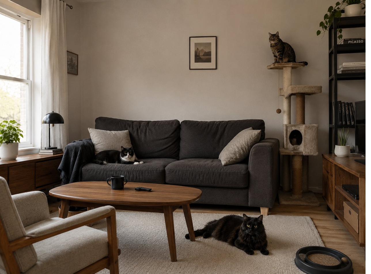 Cat lover living room before — flat beige room
