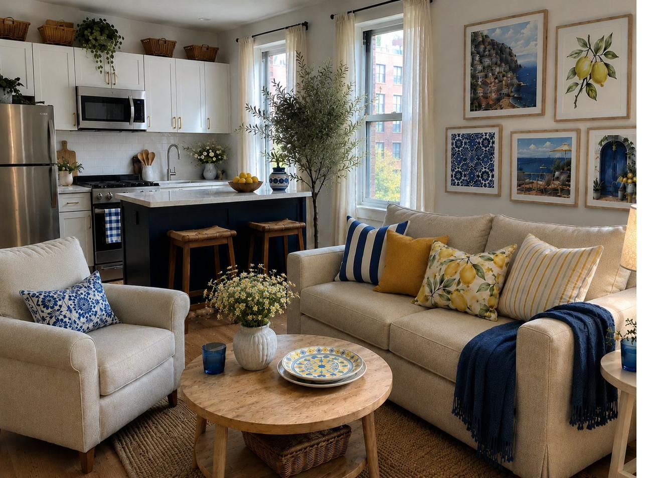Mediterranean Memory Apartment — coastal blue, lemon yellow, cream textiles and warm light after concept