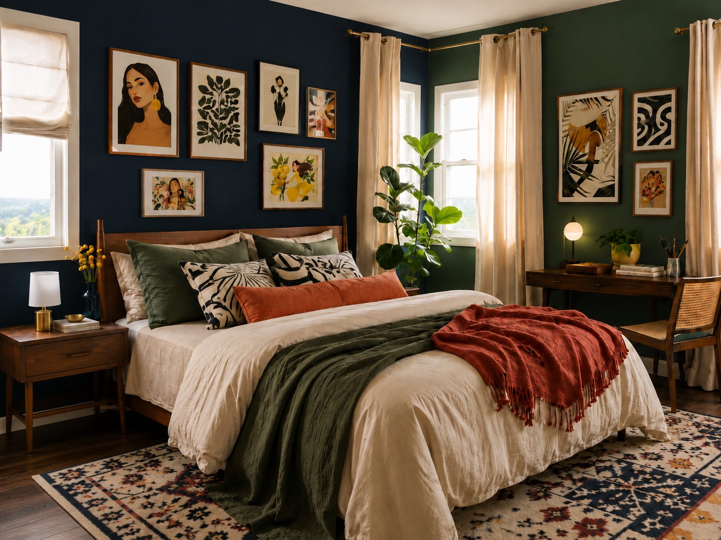 Creative art-led bedroom in deep blue, olive, ivory, and wine tones — the kind of room transformation Kate Workroom creates